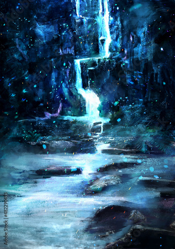night magic hidden waterfall flows in the mountains and flows into a lake with rocks.trees and shrubs with flowers grow next to it, magical blue butterflies fly in the air.sparks hover over him.2d art