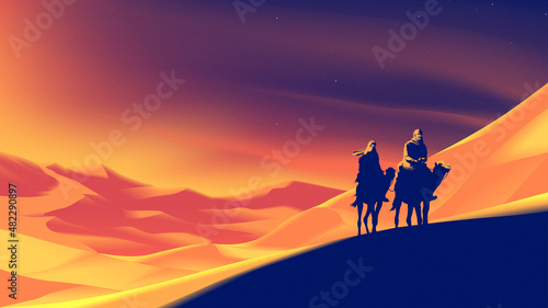 Desert vector illustration of a nomad is crossing a desert with a sunset vibe. © Bryan Vectorartist
