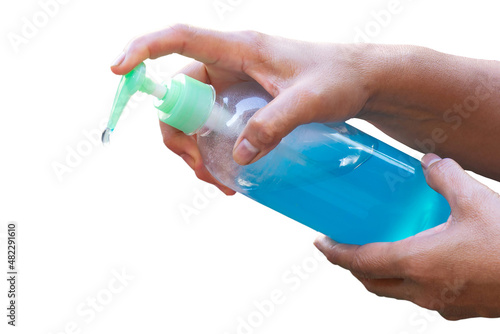 hand holding alcohol gel isolated on white with clipping path