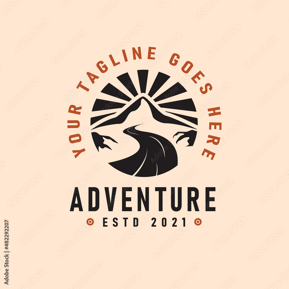 Adventure logo emblem vector illustration with river and mountains silhouettes vintage design Adventure logo emblem vector illustration with river and mountains silhouettes vintage design