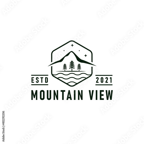 Mountain view logo emblem vector illustration with river, forest, and mountains silhouettes design
