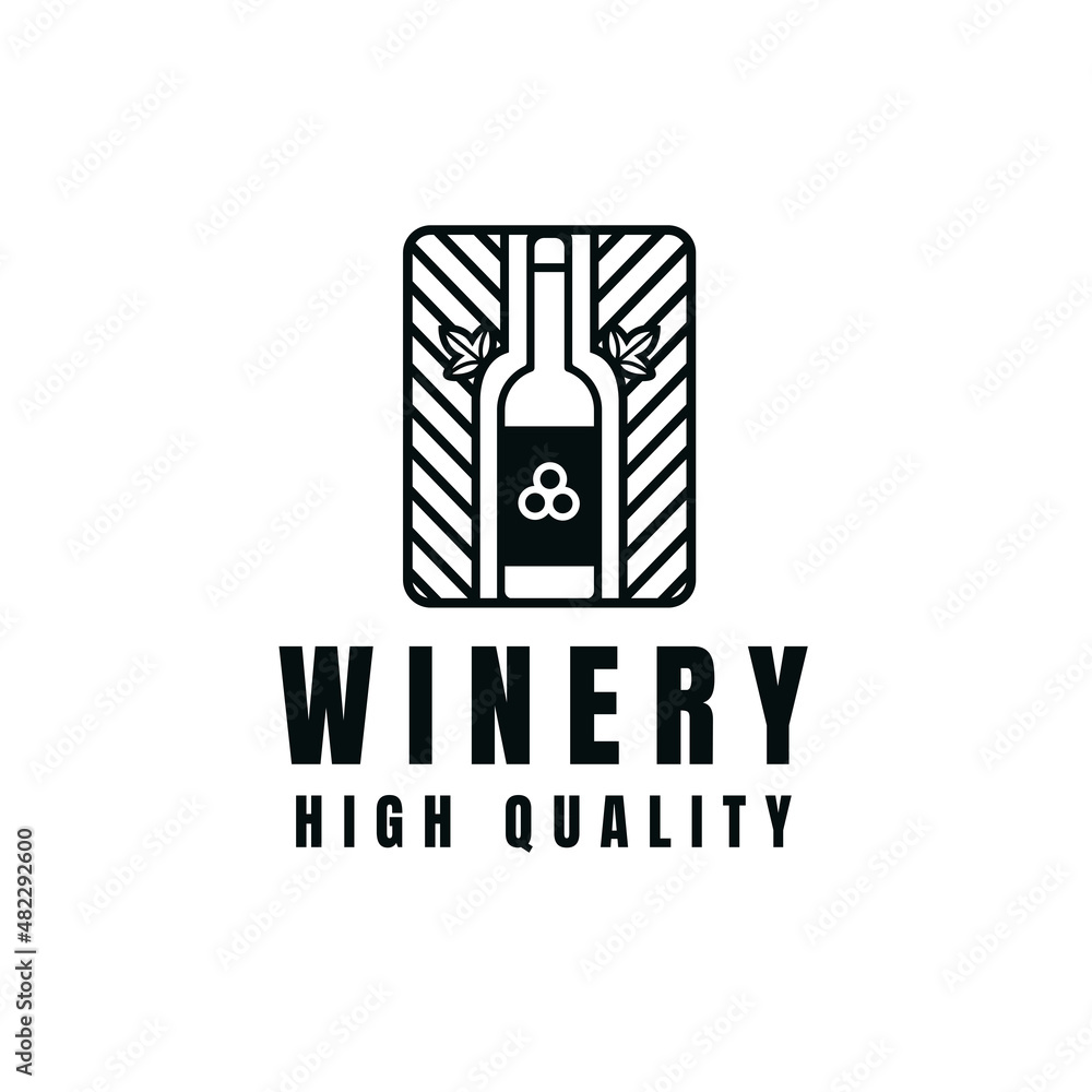 Winery logo with silhouette bottle of wine, logo for bar and restaurant vector illustration