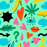 Seamless pattern with hand drawn doodle colorful design elements. Abstract simple shapes, hearts, arrows and leaves.