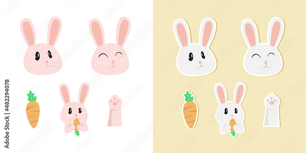 set of hand-drawn bunnies with sticker version, decorative elements. colorful vector for kids. hand drawing. baby design for fabric, decoration, wrapper, print, textile set of hand-drawn bunnies with sticker version, decorative elements. colorful vector for kids. hand drawing. baby design for fabric, decoration, wrapper, print, textile