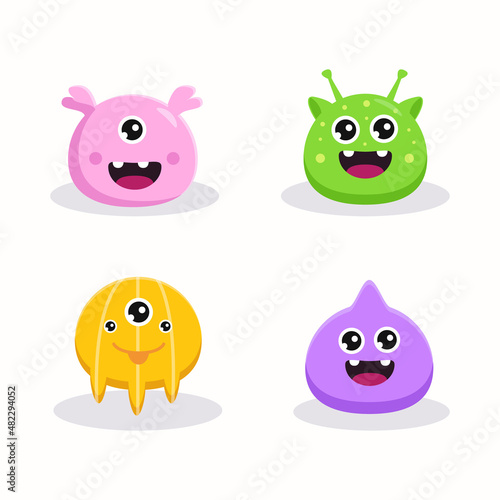 Cute and Kawaii monster kids icon set. Cheerful face emotions with trendy illustrations for kids. All elements are isolated on white background