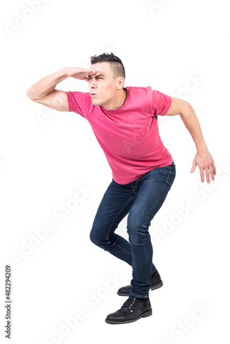 Worried male looking at distance. White background