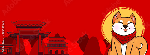 Chinese New Year, Vector Design ,Cute boy and Shiba Inu Concept design on Red background with copy space for text.