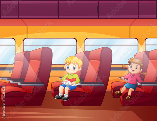 Happy children inside subway transport metro trains