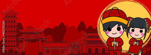 Chinese New Year, Vector Design ,Cute boy and girl Concept design on Green background with copy space for text.