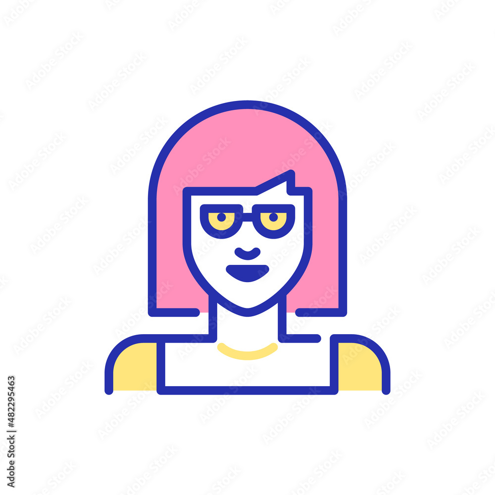 Line art avatar icon. Cute girl with glasses and pink bob haircut. Pixel perfect, editable stroke