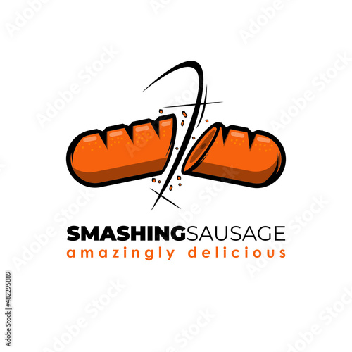 The red and orange sausage logo, which is split open, is suitable for street food, junk food, or the sausage-loving community