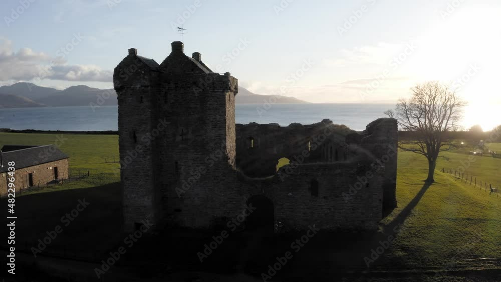 AERIAL - Skipness Castle on a beautiful day, Kintyre, Scotland, truck right AERIAL - Skipness Castle on a beautiful day, Kintyre, Scotland, truck right