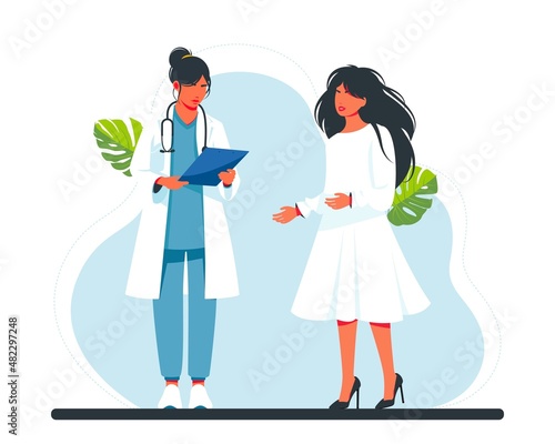 Doctor visiting a patient. doctor reads the medical history to the patient. woman talking with man doctor. Patient having consultation with doctor therapist in hospital. flat vector illustration.