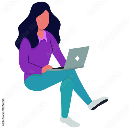 Vector, Mujer trabajando con su laptop, mujer con computadora portátil