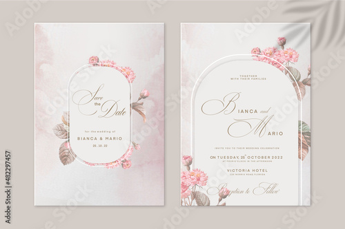 Geometric Wedding Invitation Template with Pink Flower