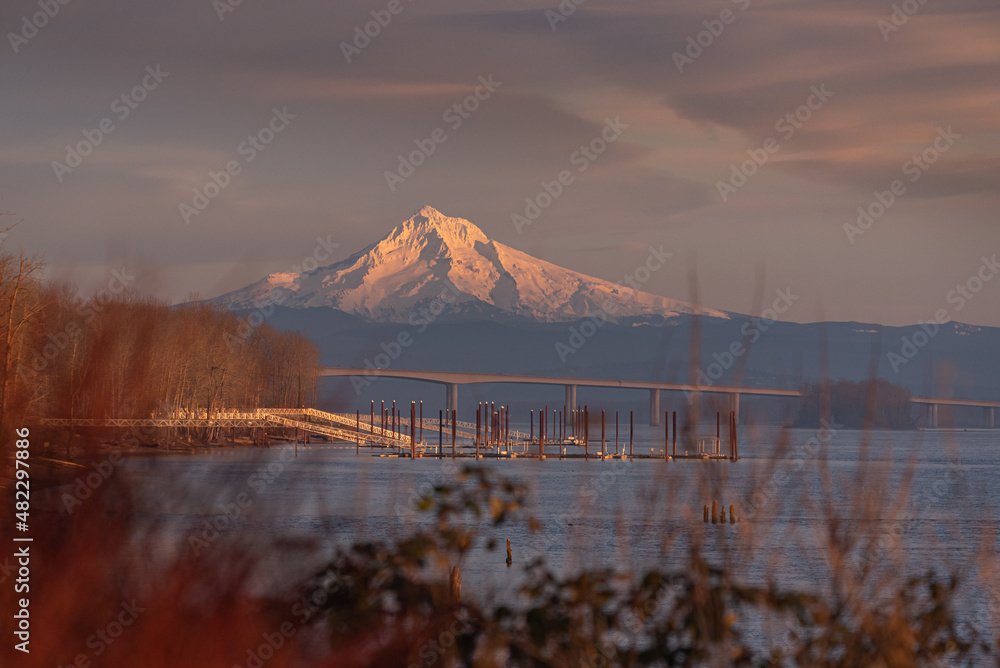 Mt Hood glowing in the evening light over Columbia River