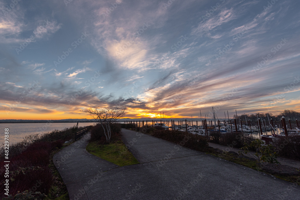 Sunset sky over marina walkway on the Columbia River, Vancouver Washington