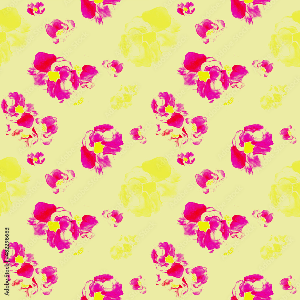 Hand drawn hibiscus flowers in retro colors in seamless pattern. Gentle pink and yellow spring blooms on beige background. Design for textile, packaging, covers, wrapping paper.