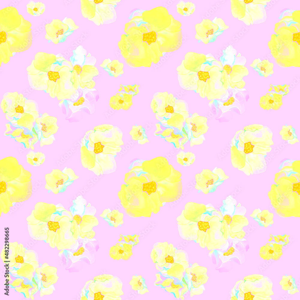 Floral gentle seamless pattern. Spring flowers in bloom on light pink background. Design for textile, packaging, covers, wrapping paper.