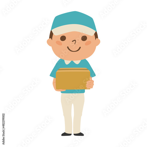 ダンボールを持った配達業者の男性のイラスト。