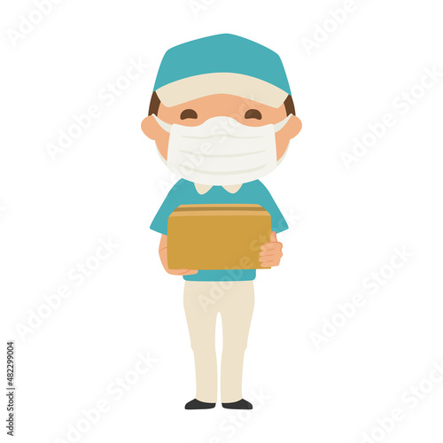 ダンボールを持った配達業者の男性のイラスト。マスクをしている男性。
