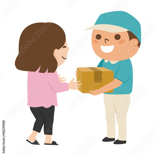 配達業者の男性。ダンボールの荷物を持った男性が女性に渡してるイラスト。