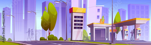 Gas station with oil pump, market and prices display on city street. Vector cartoon cityscape with fuel filling station for cars, road, city buildings and people silhouettes