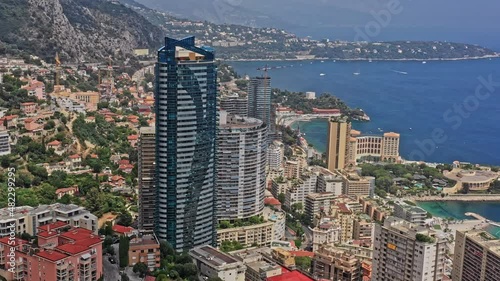 Monaco Aerial v21 birds eye view overlooking st roman neighborhood, capturing famous odeon tower and surrounding residential properties and resorts - July 2021 photo