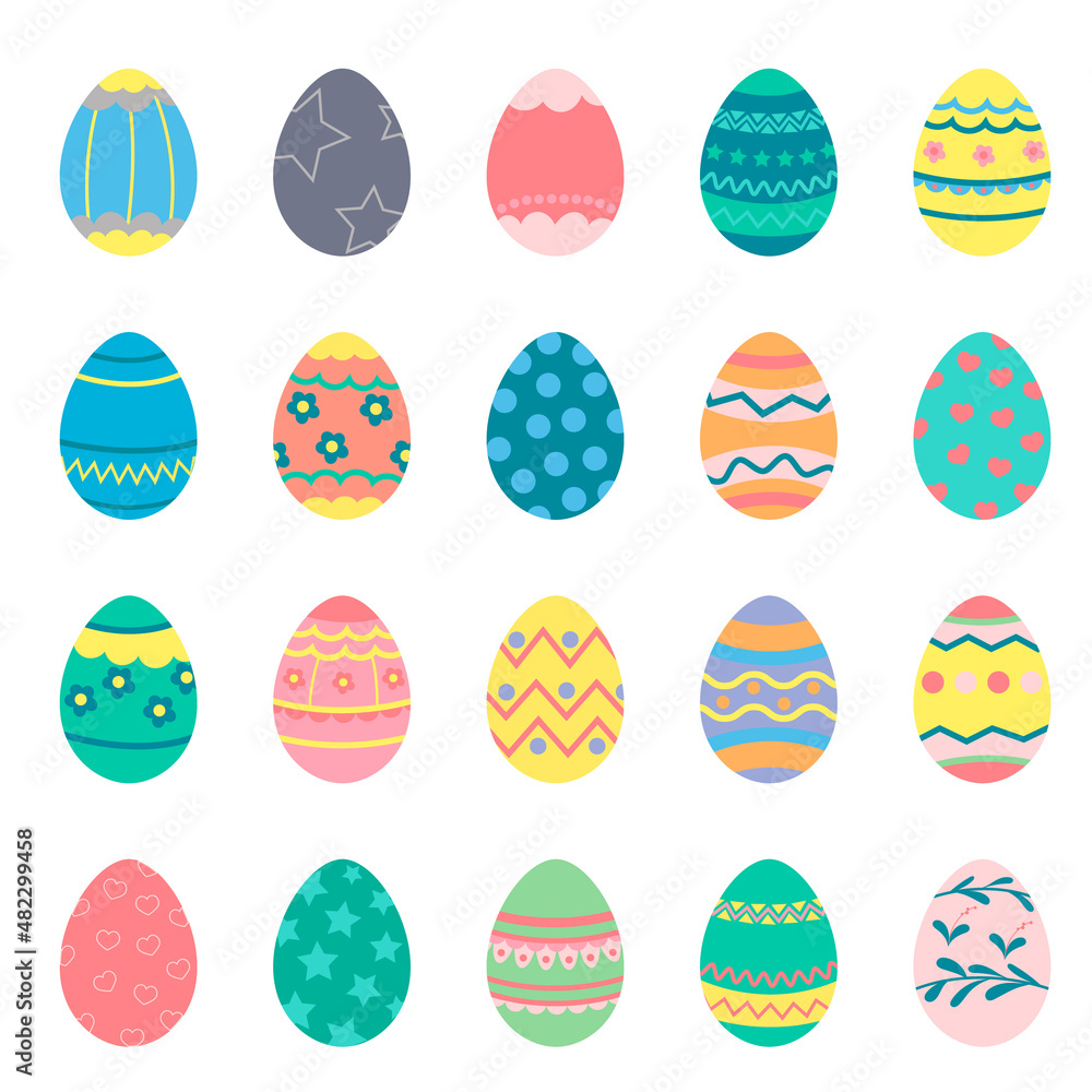 A set of Easter eggs of different colors and patterns on a white background. Vector illustration A set of Easter eggs of different colors and patterns on a white background. Vector illustration