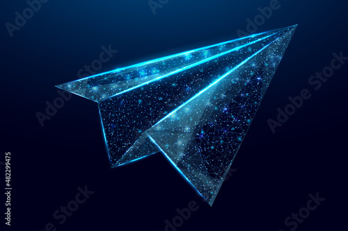 Polygonal paper plane. Business startup, innovation, growth, travel, way forward freedom concept. Wireframe low poly plane. Isolated on dark blue background. Vector illustration