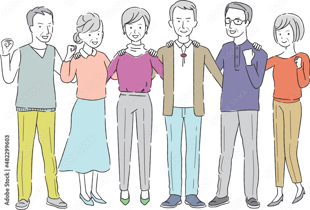 手書き線画カラーイラスト 3人の男女シニア ガッツポーズ Stock Vector Adobe Stock