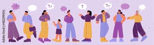 People with speech bubbles and questions, curious and thoughtful characters conversation. Men, women and kids ask, share impressions, talking to friends or colleagues Line art flat vector illustration