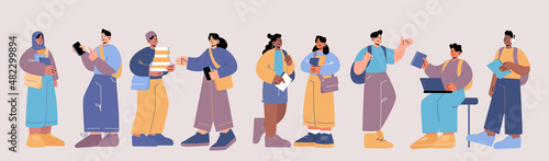 Group of multiracial people, students of school, college or university. Vector flat illustration of international teenagers with backpacks, bags, books and phone