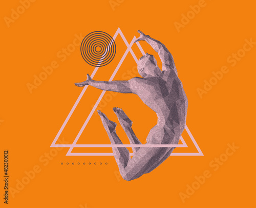 Jumping man made from dots. Stipple effect. Gymnastics activities for icon health and fitness community. 3d vector illustration.