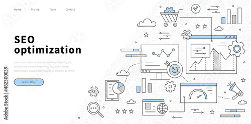SEO optimization line art landing page, abstract business concept with doodle icons. Marketing diagram, magnifier and target with arrow, loudspeaker, gears, pc desktop and charts, Vector web banner