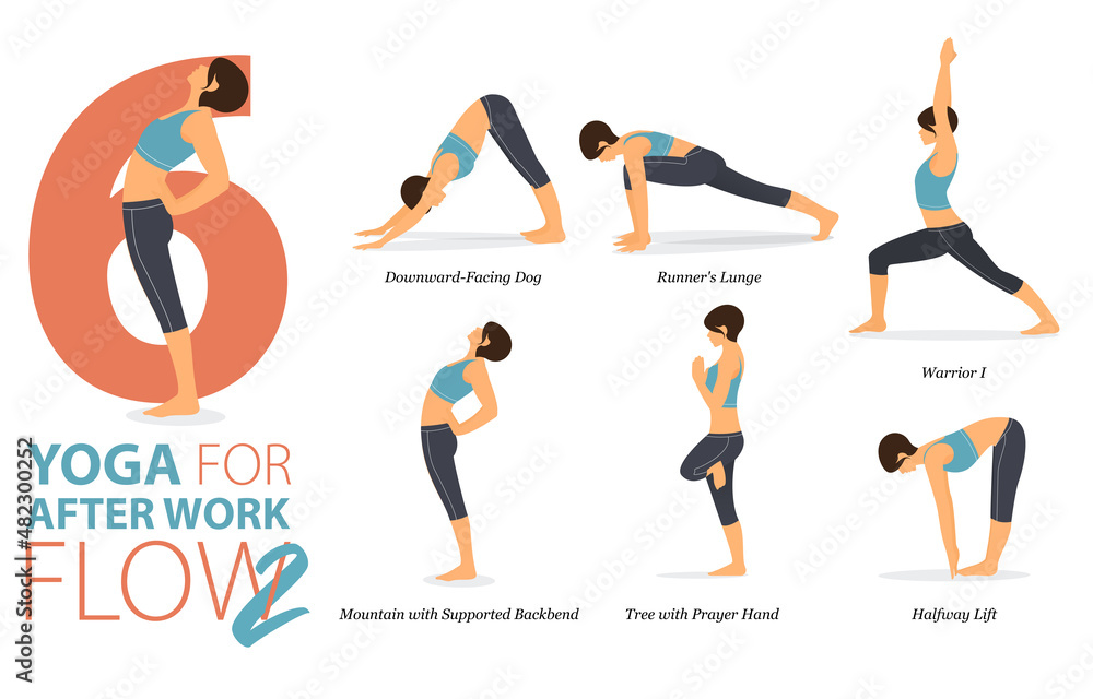 Infographic of 6 Yoga poses for Yoga at home in concept of Yoga Sun  Salutation B