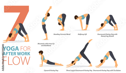 7 Yoga poses or asana posture for workout in after work flow concept. Women exercising for body stretching. Fitness infographic. Flat cartoon vector