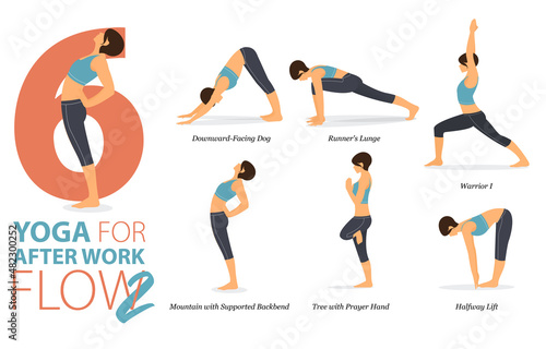 6 Yoga poses or asana posture for workout in after work flow concept. Women exercising for body stretching. Fitness infographic. Flat cartoon vector