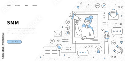 SMM social, media, marketing line art landing page. Doodle businesswoman with loudspeaker and media icons around. Business concept with influencer attracting followers in internet, Vector web banner