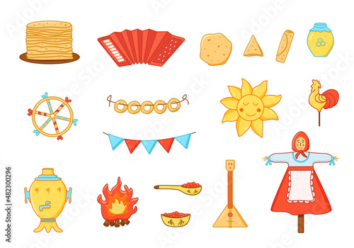 A set of elements of pancake day. Vector illustration of icons of the traditional Russian holiday Maslenitsa. Sun, scarecrow, accordion balalaika, samovar,