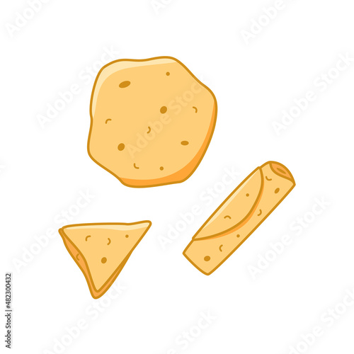 Vector doodle set illustration of thin pancakes. A whole pancake, a pancake rolled into a roll with stuffing and a folded triangle.
