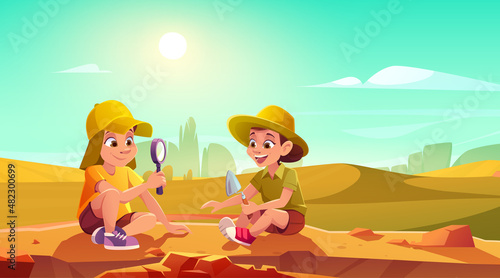 Kids playing in archaeologists in sandbox. Vector cartoon illustration with boy and girl in hats with shovel and magnifying glass digging sand in rural field. Children play in paleontologists in