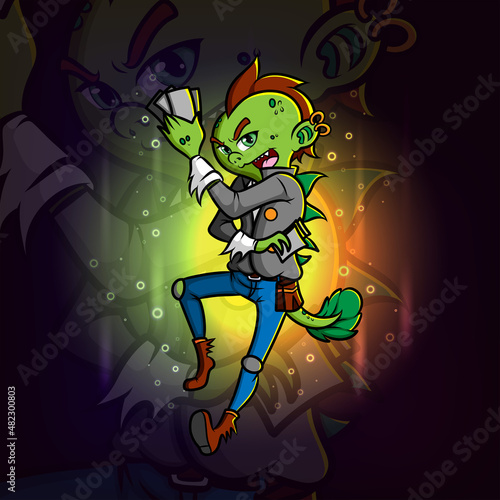 The monster iguana is holding cards and scary esport mascot design