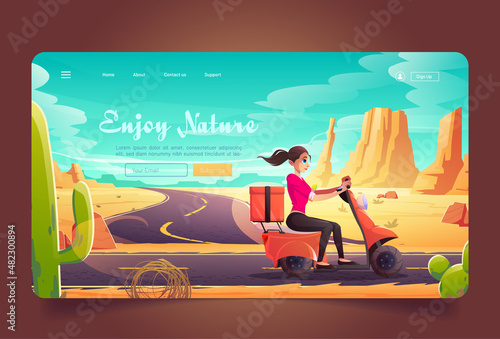 Enjoy nature banner with girl ride on scooter on road in desert. Vector landing page with cartoon sand desert landscape with mountains, cactuses, tumbleweed and highway. Woman travel on motorbike