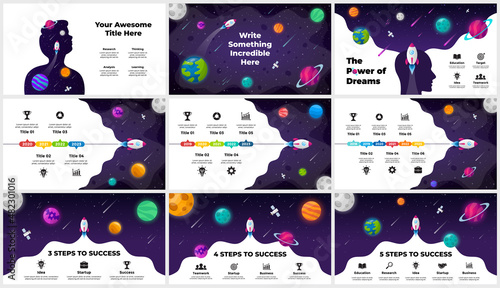 Startup vector Infographic. Rocket launch into space. Human head. Universe background. Presentation slide template. Business success diagram chart. 