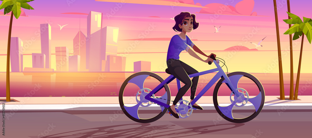 Fototapeta premium Young woman ride bicycle in city park at sunset cityscape background with skyscrapers and palm trees at sea bay. Girl outdoor activities, cardio exercise, healthy lifestyle Cartoon vector illustration