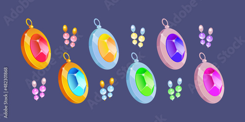 Cartoon jewelry, set of gold and silver pendants and earrings with precious gemstones and pearls. Metal coulombs or charms with colorful gems, luxury jewellery women collection, Vector illustration