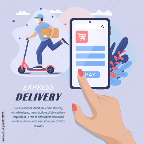 The concept of express delivery and online shopping in a pandemic. A courier in a medical mask on a scooter carries a package. Vector illustration.