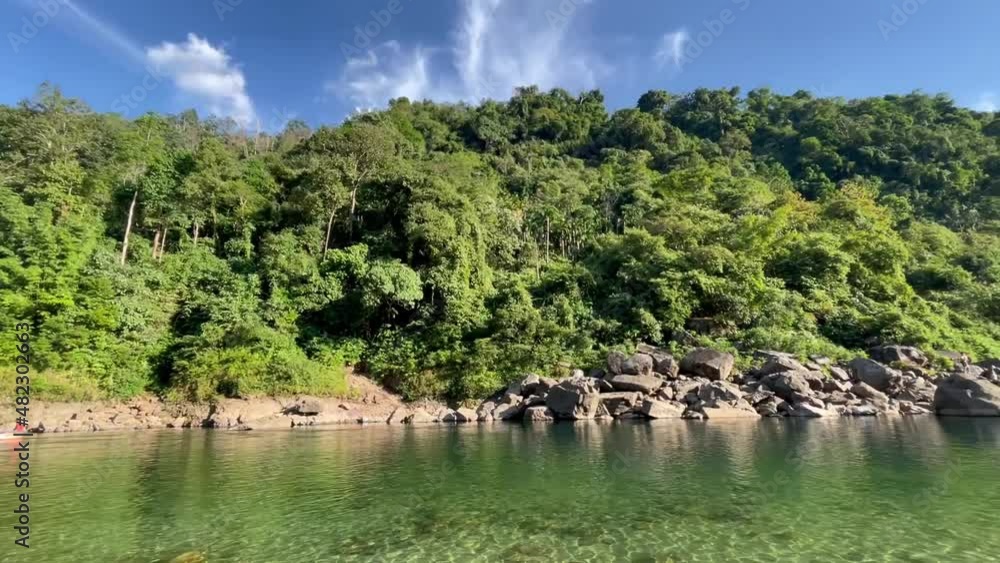 Verdant Trees Across The Clean Umngot River At Daytime In India. - wide panning