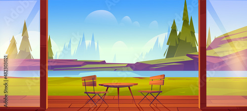 Home terrace with mountain lake view, wooden table and chairs stand on wood floor at nature landscape with spruces and rocks. Resort, hotel area for relax and recreation, Cartoon vector illustration